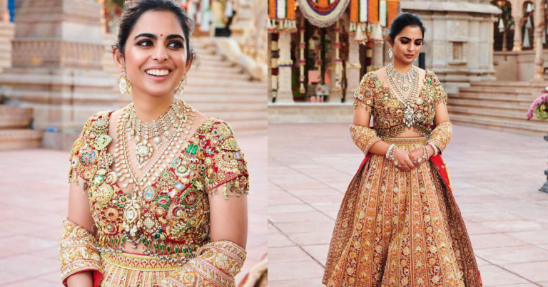 Isha Ambani’s Red Lehenga Blouse Studded With Real Jadau Jewelry, Reveals Designer Sandeep Khosla
