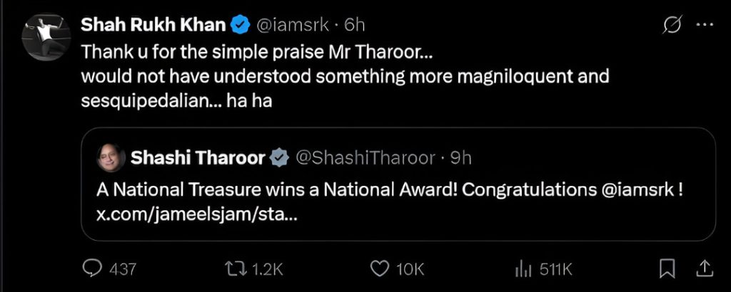 Shah Rukh Khan’s Witty Wordplay Wins Hearts After National Award Win, Thanks Shashi Tharoor in Tharoorian Style