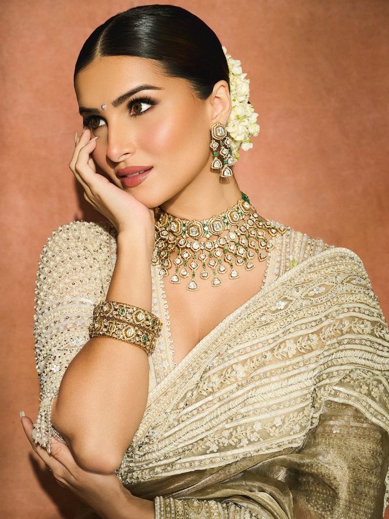 Tara Sutaria Stuns in Champagne Kanjeevaram Sari Look