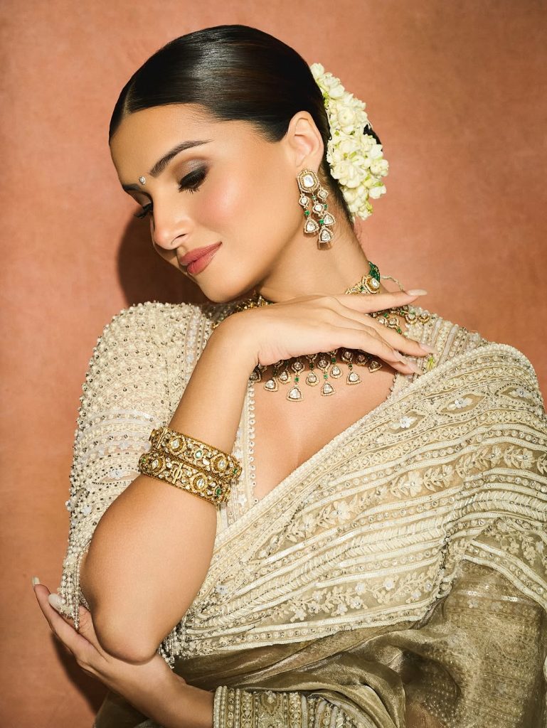 Tara Sutaria Stuns in Champagne Kanjeevaram Sari Look